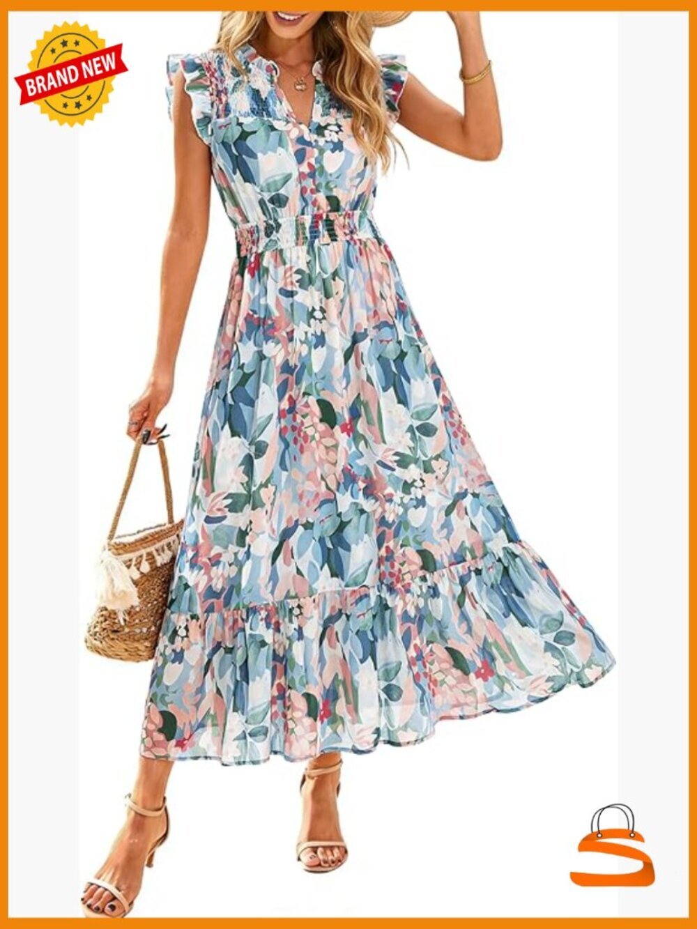 Flutter Sleeve Flowy Maxi Dress V-Neck Tiered Boho Sundress
